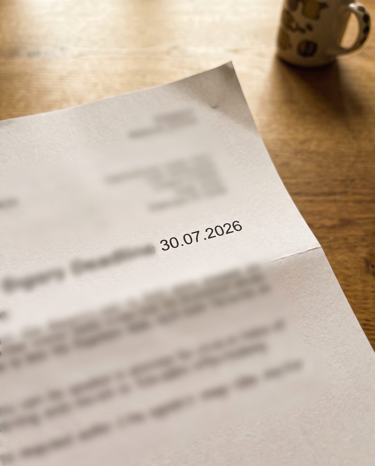 Nahaufnahme eines Briefs, nur das Datum 30.07.2026 ist scharf
