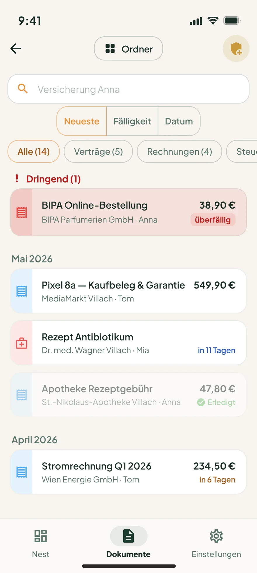 Dokumenten-Liste mit Suche